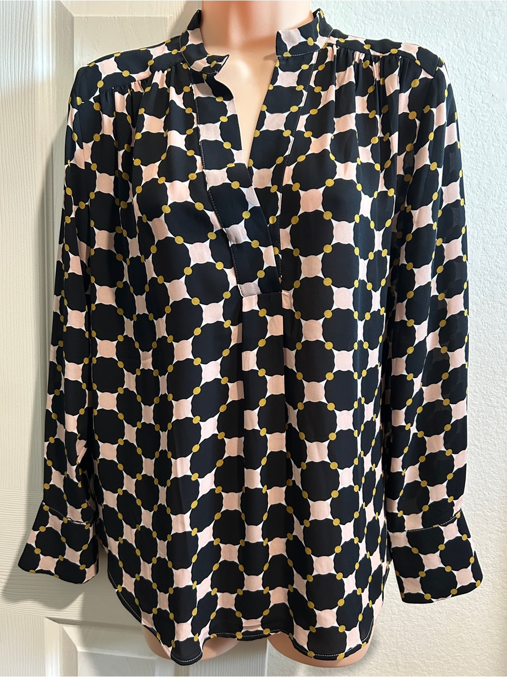 Ann Taylor Black Blouse with Pink Geometric Motif and Yellow Accents